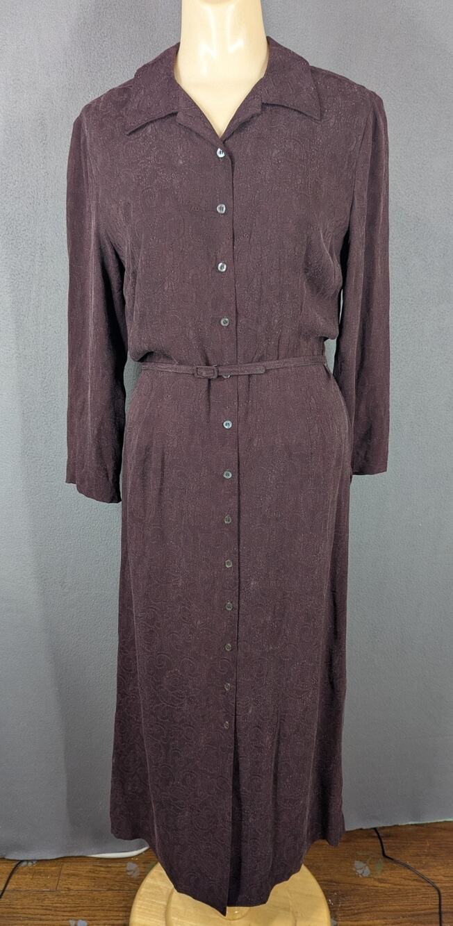 Liz Claiborne Dress 6P Brown Patterned Button-Up Shirt Belted Cottagecore Vtg